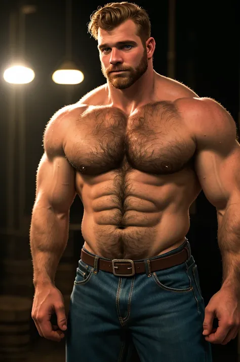 Cowboy shot, solo, male, 24yo strongman, beefy, (hairy, hirsute),  romantic, handsome, (sharp focus, soft lighting, film photography, photorealistic, hyperreal),