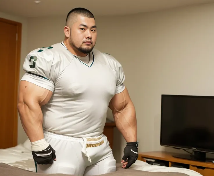 (wearing football jersey:1.4), fat face, (inside bedroom:1.2), Japanese man, Chinese man, Korean man, Taiwanese man, manly face, (round face:1.4), (monolid eyes:1.2), (buzz cut:1.4), very large and strong body, bulging muscles, very large pectoral muscles,...