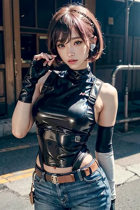 highest quality, ultra high resolution, (Backlight), (realistic: 1.4), (cowboy shot:1), 1 beautiful girl, (K-POPアイドル), detailed face, (Hairstyle: pink:1, full bang, short bob style:1), contrasting, perfect anatomy, , professional lighting, ((未来的なpoliceレーシン...