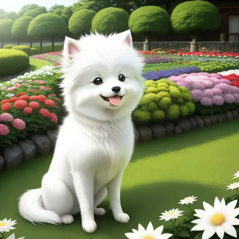 cute、Japan Spitz, fluffy white hair、flower garden, smile, Grass, flowers, and good lighting