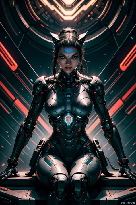 expressions and textured skin, with visible pores and intricate cybernetic enhancements. The gato companion, sleek and agile, sits beside her, its eyes glowing with an ethereal light that complements the chicas own. The scene is set against a backdrop of n...