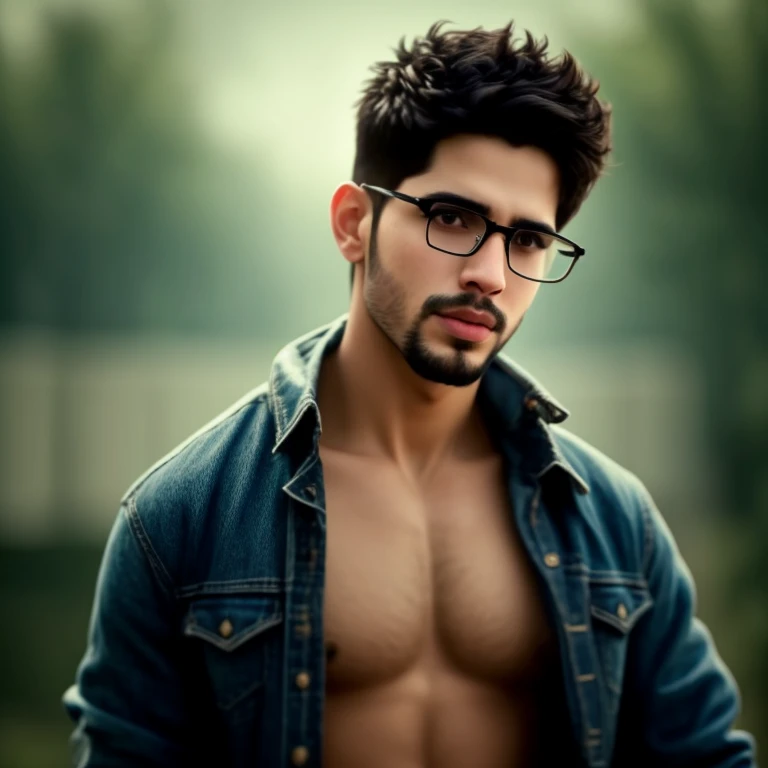 beautiful guy, Sidharth Malhotra, hairy chest, pubic hair, wearing clear glasses, facial hair, buzz cut, open shirt, black flanel shirt, in tight jeans, outside on basketball field, ((slim, muscular)), photorealistic, photo, masterpiece, realistic, realism...