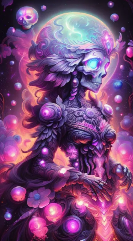 extra  detail arts 8k ,standing,beautiful skull goddess,softly illuminated skull,beautiful skull,flowing feathers,perfect features,perfect skeleton features,fluorescent semi-transparent clothes,sitting in space between celestial bodies,black background wit...