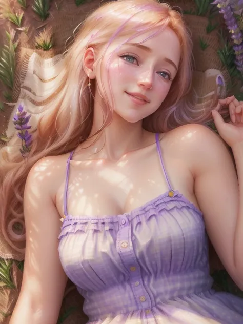 lavender field, early summer, young woman with strawberry blonde hair, light blue sundress, lying on my back on the ground surro...