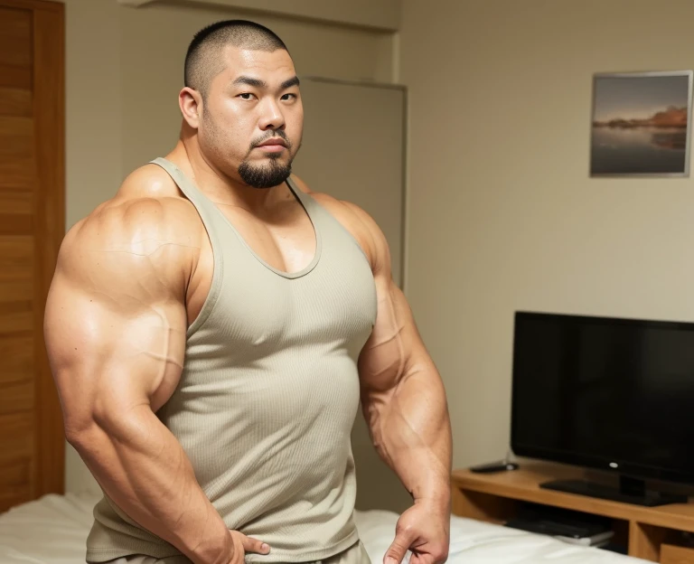 (wearing tank top:1.4), fat face, (inside bedroom:1.2), Japanese man, Chinese man, Korean man, Taiwanese man, manly face, (round face:1.4), (monolid eyes:1.2), (buzz cut:1.4), very large and strong body, bulging muscles, very large pectoral muscles, muscul...