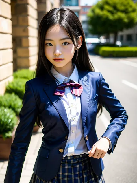 
(masterpiece, highest quality:1.4), award-winning portraits, 8K, 85mm, alone, beautiful face, delicate girl, , (dark navy blazer jacket), dark navy skirt, long sleeve, violaces, gardenia, grace, Sophisticated, cute, teen, looking at the viewer, 15 years o...