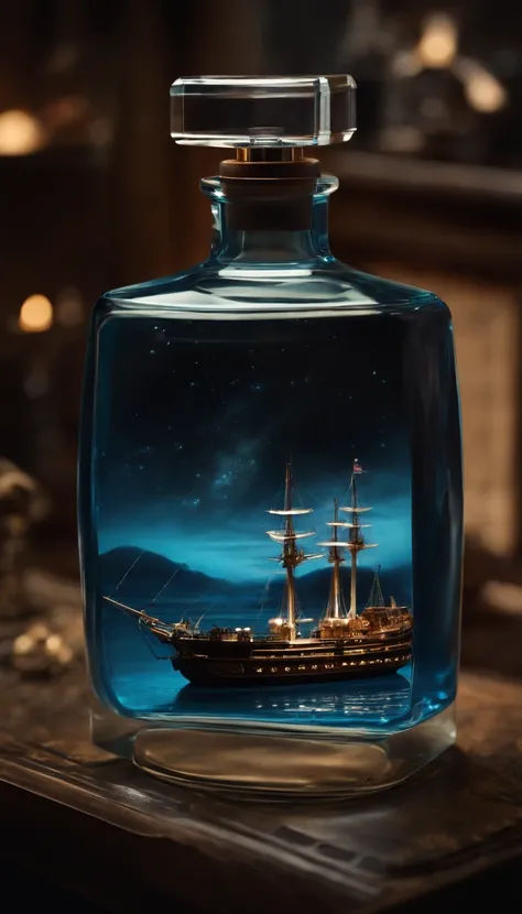 perfume bottle，It is flanked by a translucent ocean of blue nebulae + majestic ship, ethereal, cinematic, The light from the rear window is backlit, Creepy art station trends, Super detailed, matte painting, photo, Arnold Renderer -- Test -- Creative -- Up...