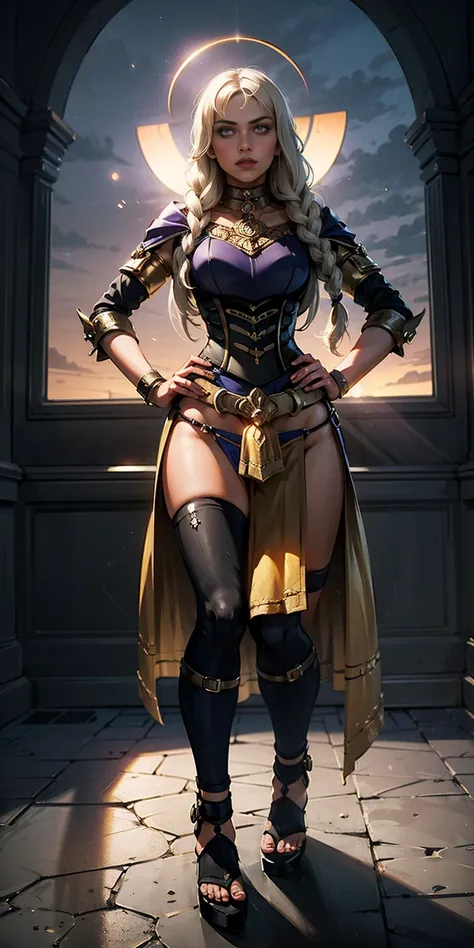 paladin lady in ornate golden armor, black collar, pauldrons, breastplate, corset, glowing halo, single braid, blonde, yellow glowing eyes, bright pupils, eye focus, red cape, temple indoors, stained glass windows, night, moonlight, particles, light beam, ...