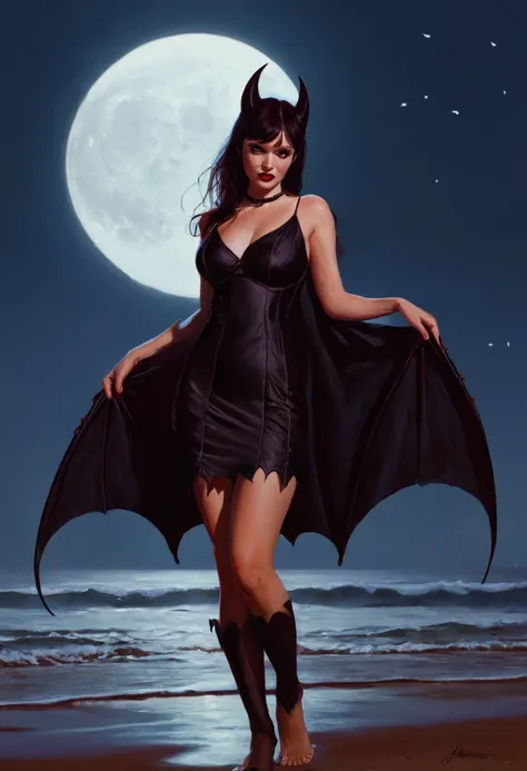 A bat-like woman in black standing on the beach with a full moon behind her, beautiful Succubus, Succubus in sundress portrait, Succubus, devilishness, Succubus in tight short dress, Art Germ Julie Bell Beeple, Succubus | Medieval, Inspired by Greg Hildebr...