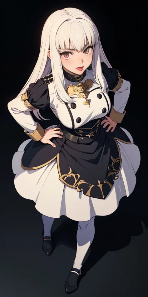 masterpiece, best quality, full body, far shot, 1solo full body female lysitheauniform uniform, hands on hips full body, whole body. long sleeves,  ahetobleh, from above, showing tongue, black background, golden armor, black collar, pauldrons, breastplate,...