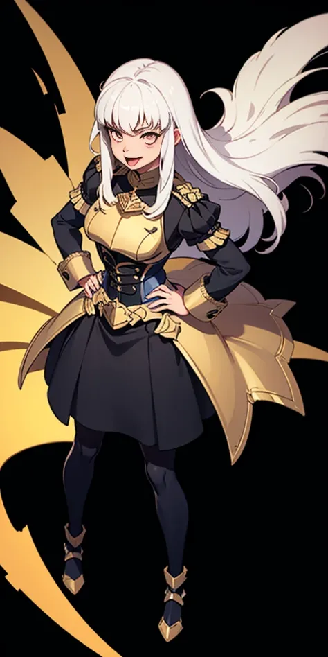 masterpiece, best quality, full body, far shot, 1solo full body female lysitheauniform uniform, hands on hips full body, whole body. long sleeves,  ahetobleh, from above, showing tongue, black background, golden armor, black collar, pauldrons, breastplate,...