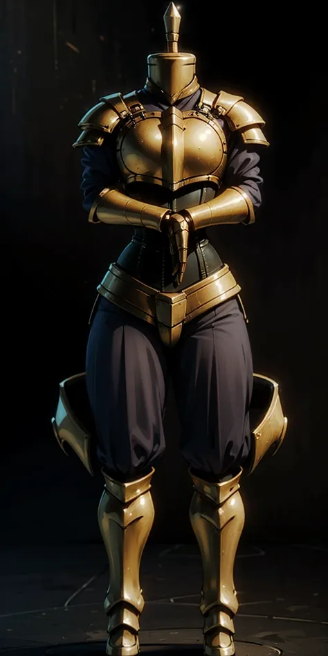 masterpiece, best quality, full body, 1solo full body female uniform, hands on hips full body, whole body. long sleeves, from above far shot, showing ass, black background, golden armor, black collar, pauldrons, breastplate, corset