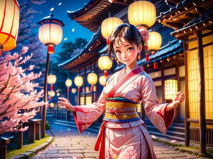 (a girl,drunk and dancing,people watching),traditional japanese lanterns,beautiful cherry blossom trees,traditional japanese clo...