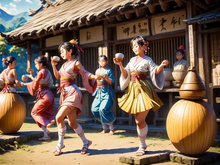 drink the sake in the gourd、A girl who gets drunk and starts dancing、villagers looking at it