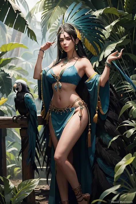 1 girl, ((big breasts)), (Abdominal cut: 1.1), (perfect body: 1.1), (long straight hair: 1.2), ((black hair)), full body, Xavante Indian Brazilian Forest, very tan skin, Extremely messy straight black hair, Large Blue Macaw Parrot Feather Headdress, Strong...