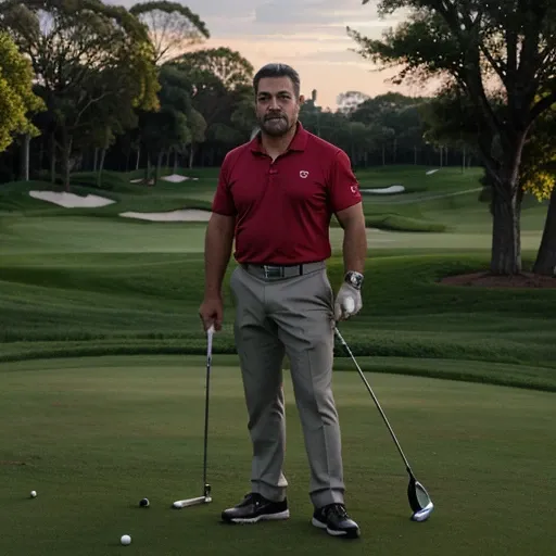 A mexican man short but muscular. He is standing on a greet at  at  golf club , he is clearly very rich , you can see by his expensive watch and expensive golf polo and clubs . He is about 50 in age and has a well groomed beard and haircut.