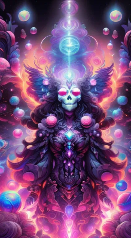 extra  detail arts 8k ,standing,beautiful skull goddess,softly illuminated skull,beautiful skull,flowing feathers,pulsating waves of energy,perfect features,perfect skeleton features,fluorescent semi-transparent clothes,sitting in space between celestial b...