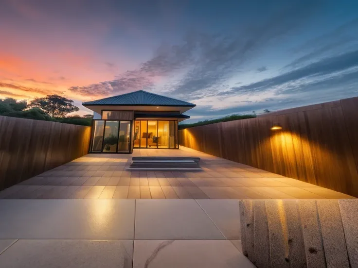 award-winning,tropical landscape,tropical style house,gravel courtyard,professional photography,highres,ultra-detailed,vivid colors,sharp focus,portraits,bokeh,stunning lighting