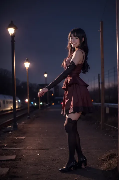 Short dress, lace stockings Lolita sensual dark red, abandoned city and next to or train in an environment of ((night photography)) Lauren Jauregui, smiling and happy in a