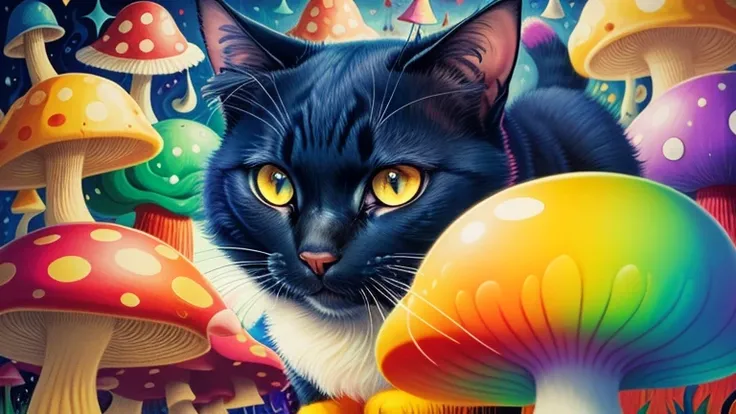 Cartoon illustration of a blue-black cat with blue and yellow eyes,  surrounded by large hallucinogenic mushrooms in psychedelic colors. Colores vivos