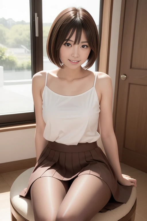 (highest quality,High resolution:1.2),realistic,Top level details,short hair,brown hair,Like Ryoko Hirosue,20 year old married woman,slender body,E cup ,(show your breasts),shy smile,cute smile,(Wearing an A-line skirt),wide shot,sunlight,wearing pantyhose...