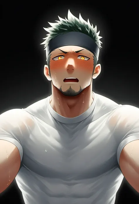 anime characters：priapus, 1 young muscular man, male focus, sporty black headband, off-white high collar tight t-shirt, slightly...