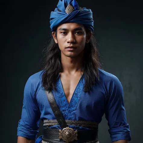 Young balinese man wearing blue udeng on his head and blue round neck ethnic shirt and black belt with dark background 