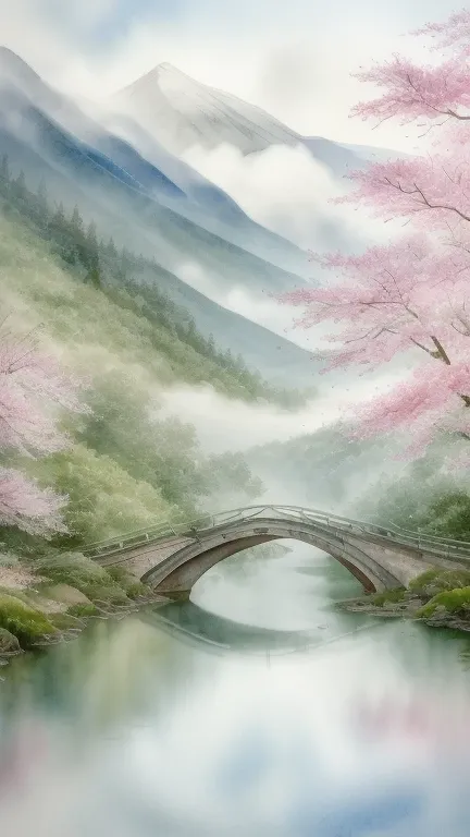 beautiful chinese landscape art, best quality, complex, watercolor painting, traditional, serene, fog mountains, flowing river, ...