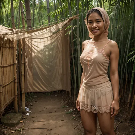 Realistic photo depicting an Indonesian woman, villager, poor woman, 18 years old, wearing peach color hijab, wearing see-through peach color lace camisole, wearing very short see-through peach color lace skirt, smiling, darker skin, curvier body, short bo...