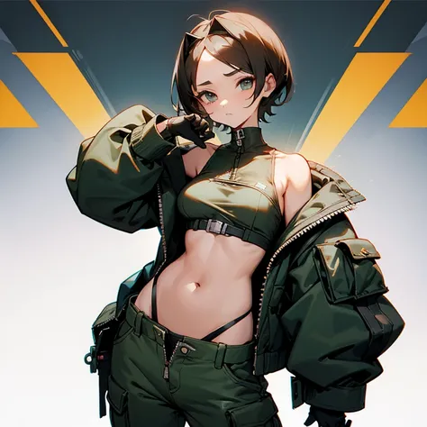 young girl、thin、modest chest、Goggles on foreheadをつけている、small ass、A thin and delicate mechanic girl、loose clothing、Oversized Cargo Pants、that&#39;belly button、- Front zip、high neck with zipper、Tube top、bare shoulders、turtleneck、off shoulder、Work gloves、Gogg...