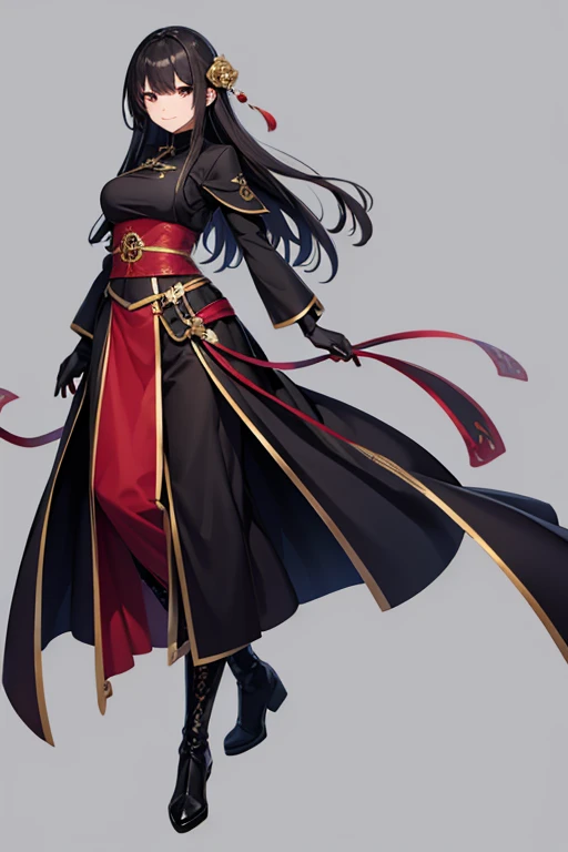 anime picture、Full-body portrait without background、A female necromancer around 44 years old, 155cm tall.、Chinese style black Taoist clothing、long black hair、Bossy smile、long skirt、black mask、gloves、boots