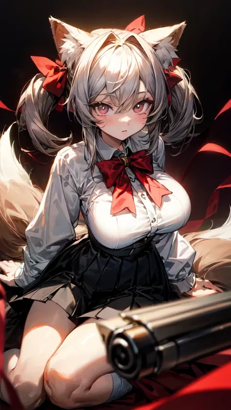 {{Masterpiece}},bestquality, highres, highquality,1girl,grey hair, long hair, twintails, bangs, hair between eyes, animal ears, fox ears, animal ear fluff, red eyes, tail, fox tail, virtual youtuber,grey hair, long hair, twintails, bangs, hair between eyes...