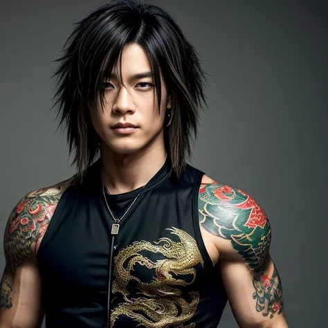 1 man, Japanese man, male, Asian eyes, muscular, broad shoulders, dragon tattoos, hairstyle Visual Kei style, hair Visual Kei, black mens shirt and black pants, ultra detailed face, hyperrealistic, realistic representation, long hair, long hair, 30 years o...