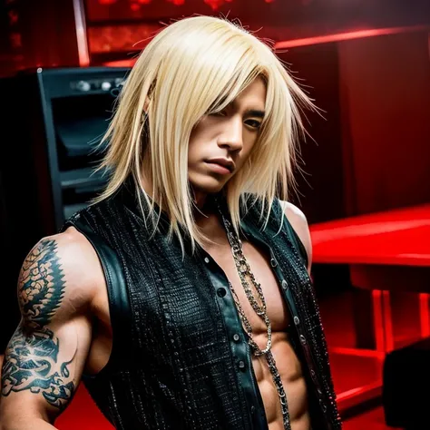 1 man, Japanese man, male, Asian eyes, muscular, broad shoulders, dragon tattoos, hairstyle Visual Kei style, hair Visual Kei, black mens shirt and black pants, ultra detailed face, hyperrealistic, realistic representation, long hair, long hair, 30 years o...