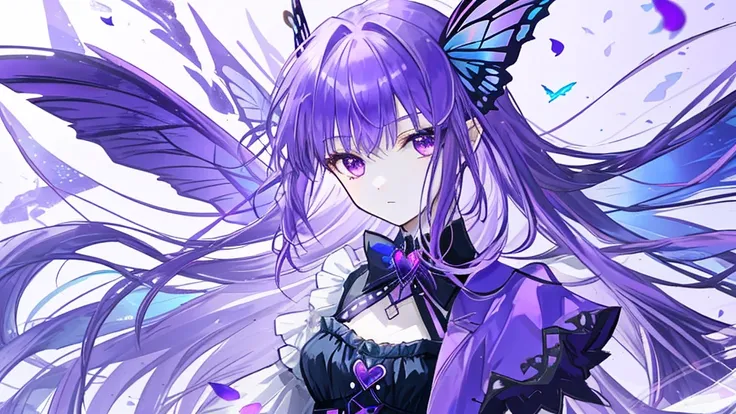 girl with purple hair, purple eyes, purple butterfly clip, purple fairy wings with blue gradient, sky