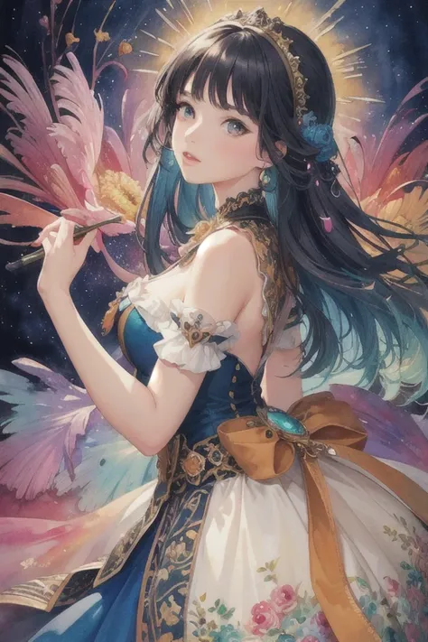 (masterpiece, highest quality, highest quality, official art, beautiful and aesthetic:1.2), (1 girl:1.3), very detailed,colorful,most detailed,(watercolor painting:1.3), light mixing, playful pattern, Lively texture, rich colors, unique visual effects