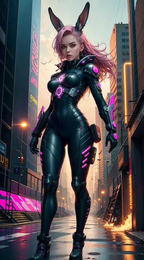 (Best quality,4K,8K,A high resolution,Masterpiece:1.2),Ultra-detailed,(Realistic,Photorealistic,photo-realistic:1.37),Cyberpunk,Girl,Mechanical,Animate,Metallic,Neon lights,Glowing eyes,metal gears,Machinery,robotic limb,Futuristic city landscape,Pink hair...