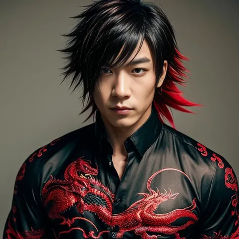 1 man, Japanese man, male, Asian eyes, muscular, broad shoulders, dragon tattoos, hairstyle Visual Kei style, hair Visual Kei, black mens shirt and black pants, ultra detailed face, hyperrealistic, realistic representation, long hair, long hair, 30 years o...