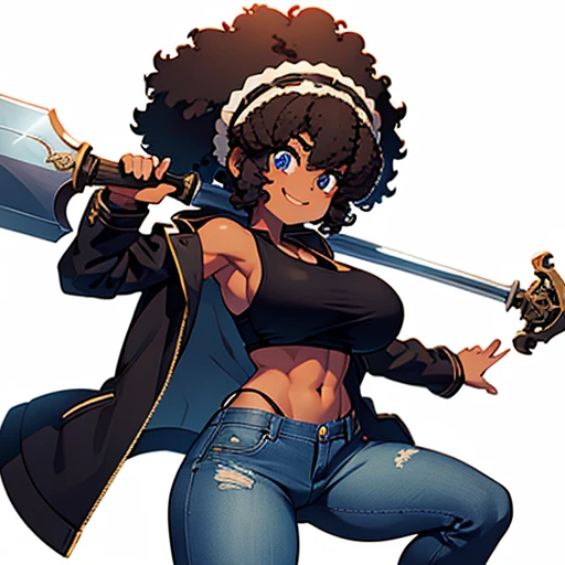 Afro girl,toned,brown skin,medium breasts, abdomen,Black jacket, afro hairstyle,, he has a giant sword,jeans,iron sword,blue eyes,bigbreasts smile,white background,tank top over breasts 