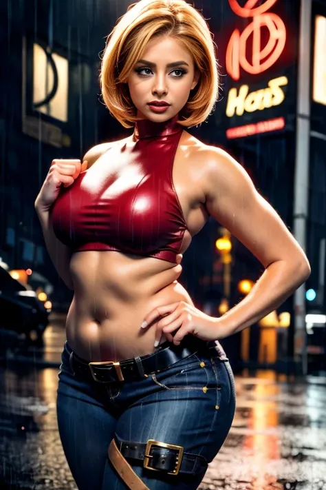 maryms,Best Quality,(beauty),masterpiece,  1girl,phisically-based render ,ultra highres,thick waist, chubby,big eyes,long legs,(small breasts),puffy eyes, night,(rainy city), shiny skin, facing viewer, fighting stance, (make a fist),firm expression, curvy ...