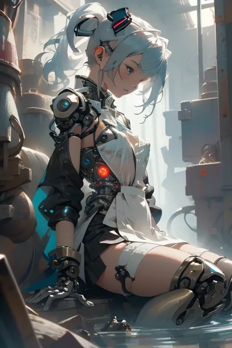 cyberpunk,Hatsune Miku,(see through:1.5),maid (1 girl),Colored inner hair,twintails,(toy doll),((toy doll joints:1.5,Manipulator:1.5)),((silver armor dress)),White translucent metallic leather,(Mechanical joint: 1.4),mechanical limbs,very shiny skin,shinin...