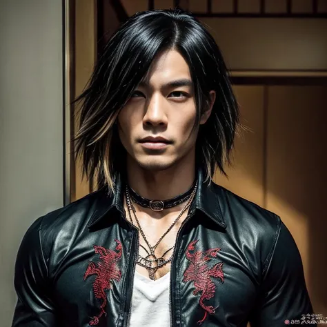 1 man, Japanese man, male, Asian eyes, muscular, broad shoulders, dragon tattoos, hairstyle Visual Kei style, hair Visual Kei, black mens shirt and black pants, ultra detailed face, hyperrealistic, realistic representation, long hair, long hair, 30 years o...