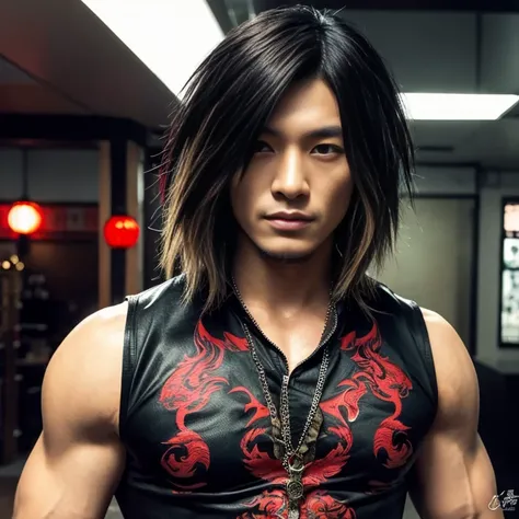 1 man, Japanese man, male, Asian eyes, muscular, broad shoulders, dragon tattoos, hairstyle Visual Kei style, hair Visual Kei, black mens shirt and black pants, ultra detailed face, hyperrealistic, realistic representation, long hair, long hair, 30 years o...