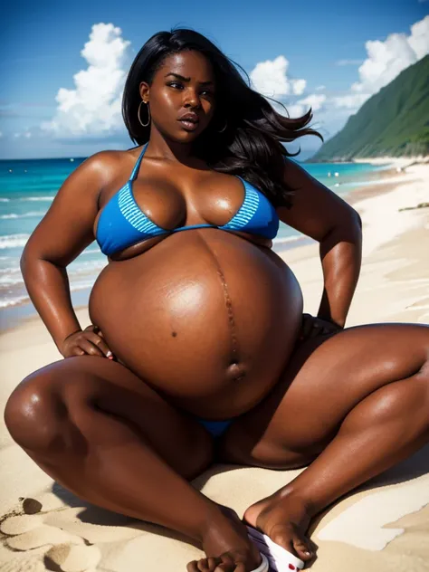 Voluptuous African woman, long hair, bikini, worried, pain, suffering, broad figure, obese, bbw, overweight, potbellied, very Big pregnant belly, lying, spread legs clear, beach 