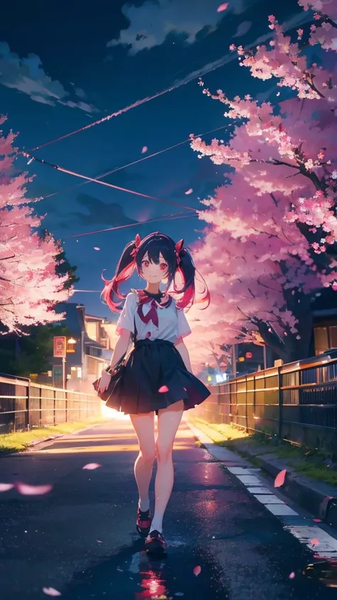 1 anime girl, alone,Black petals flutter, A mysteriously shining butterfly.city,bright pink hair,Red gemstone eyes,twin tails,thin legs,Gloomy cloudy sky,very clear,highest quality,smile,辺り一面のcherry blossoms,stand on the road,cherry blossoms,turn to the si...