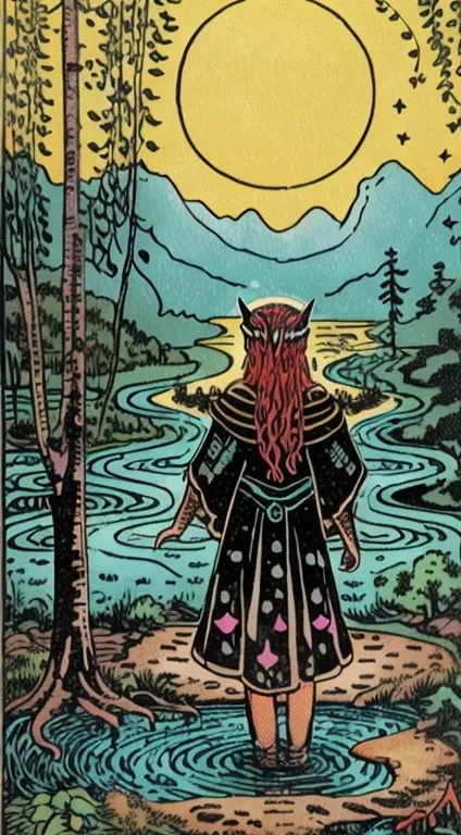 Mystical Tarot card, depicting "Enchantress," Powerful sorceress, standing by a moonlit lake, surrounded by weeping willows, casting a spell with glowing runes, fog rises from the water, an owl sat on her shoulder, evoking a sense of ancient magic and myst...