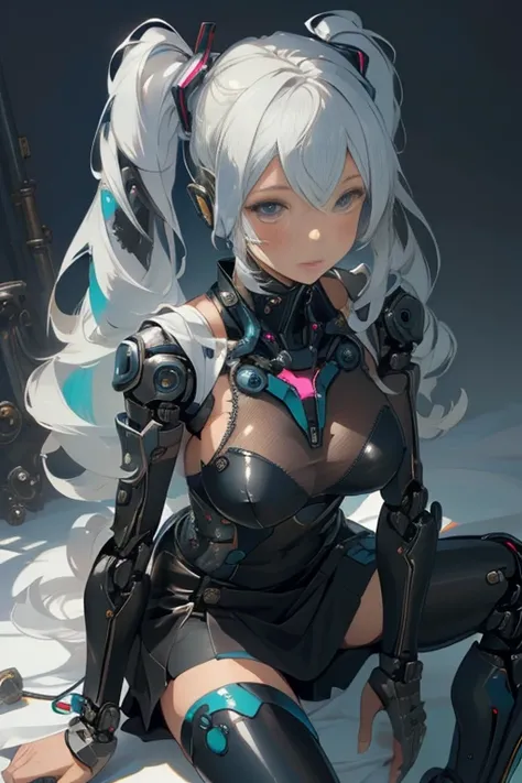 cyberpunk,Hatsune Miku,(see through:1.5),maid (1 girl),cyan hair,long twintails,(proportional face),(toy doll),((toy doll joints:1.5,Manipulator:1.5)),((silver armor dress)),White translucent metallic leather,(Mechanical joint: 1.4),mechanical limbs,(Neat ...