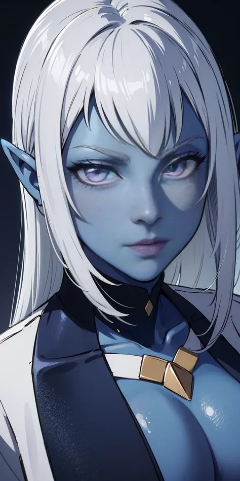 Big ,blue skin color,white hair,blue ayes,pointy ears, hyper realistic, Ultra detail, high res