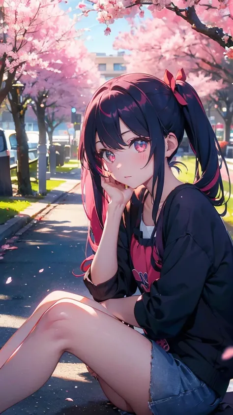 1 anime girl, alone,Black petals flutter, A mysteriously shining butterfly.city,bright pink hair,Red gemstone eyes,long twin tails,thin legs,very clear,highest quality,辺り一面のcherry blossoms,sitting,都city,cherry blossoms,turn to the side,cherry blossomsミク,be...