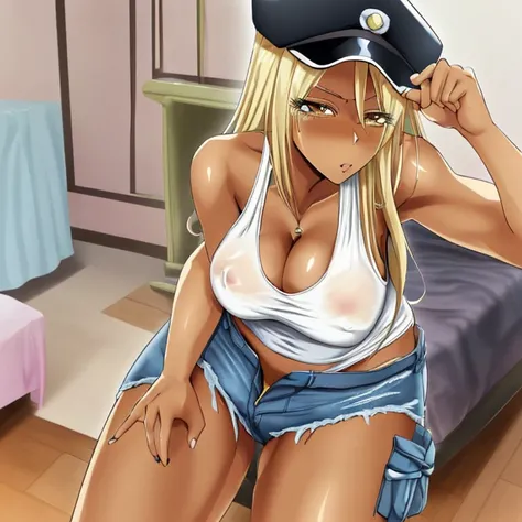 One beautiful woman, anime girl face, long hair, tall, blonde, black police hat, white tank top, sheer clothes, belly button exposed, ripped denim shorts, crotch emphasis, sexy pose, bedroom 